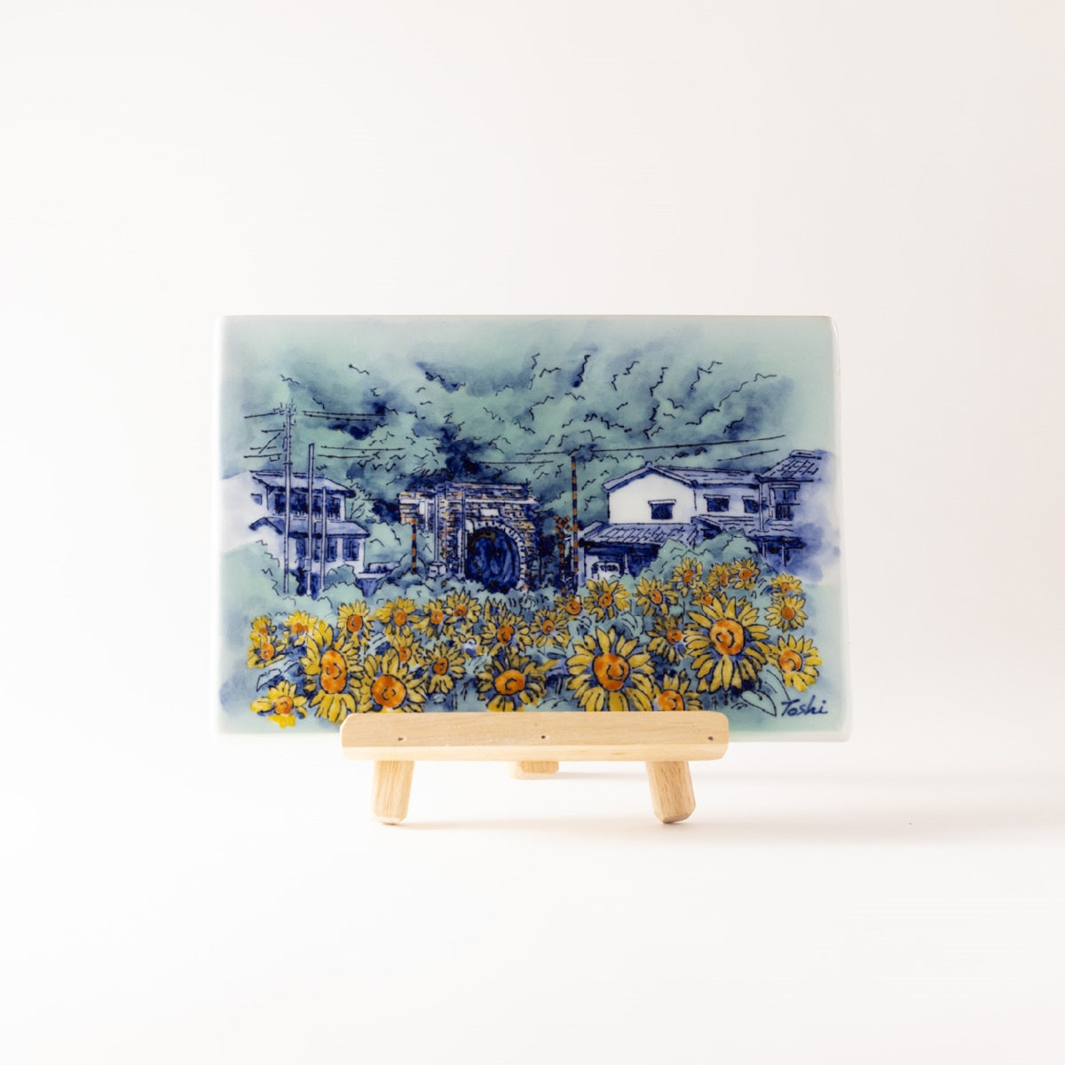 Sunflowers along the Biei line (Ceramic board painting)