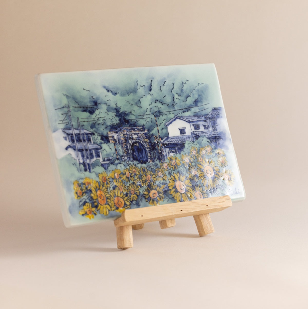 Sunflowers along the Biei line (Ceramic board painting)